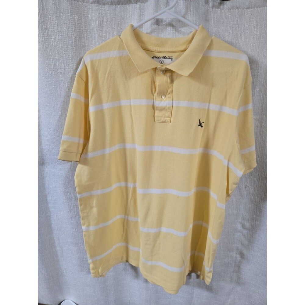 Eddie Bauer Polo Shirt Mens Large Yellow Wite Stripes 100% Cotton L